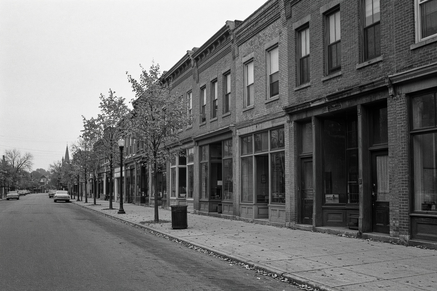 A quiet small-town main street of brick storefronts.